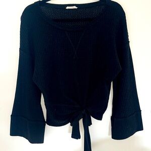 TIE FRONT CROP TOP bell sleeve waffle texture banded top